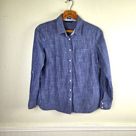 Tommy Hilfiger Women's Classic Fir Blue Button-Up Roll Tab Denim Shirt Sz Large - Picture 1 of 8